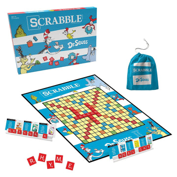 Scrabble Dr. Seuss Board Game | Official Scrabble Game With A Rhyming Twist | Custom Dr. Seuss Cards And Themed Scrabble Board | Bonus Points | Play Traditional Rules Plus New Features