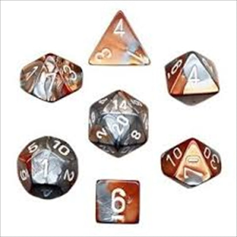 Chessex Manufacturing 26424 Cube Gemini Set Of 7 Dice - Copper & Steel With White Numbering