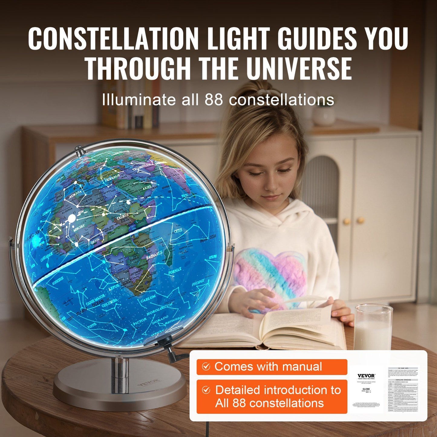 Vevor Illuminated World Globe With Stand, 13 In/330.2 Mm, Educational Earth Globe With Stable Heavy Metal Base And Led Constella