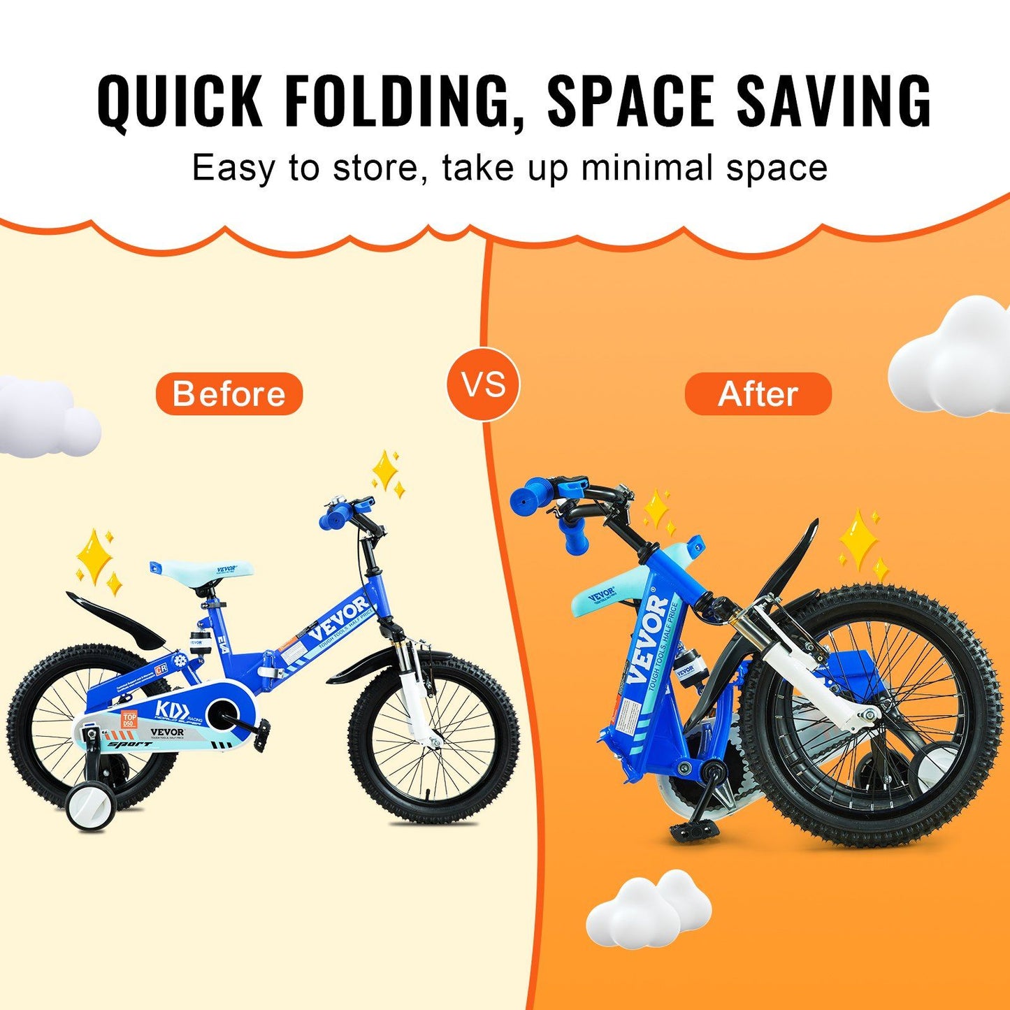 Vevor Folding Toddler Balance Bike, 16'' High-Carbon Steel Kids Bike With Adjustable Seat & Handlebar, Inflatable Tires, Portabl