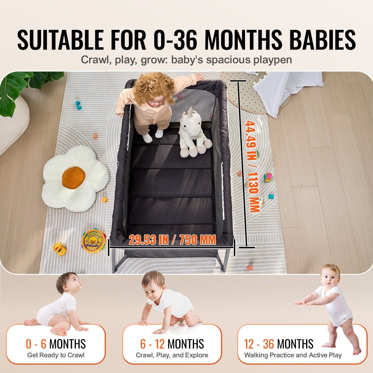 Vevor Baby Travel Crib Play Yard Folding Baby Toddler Playpen With Zipper Gate