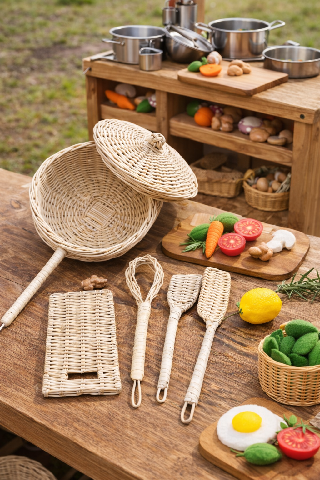 Handmade Rattan Play Kitchen Utensils - Montessori Pretend Play Cooking Set