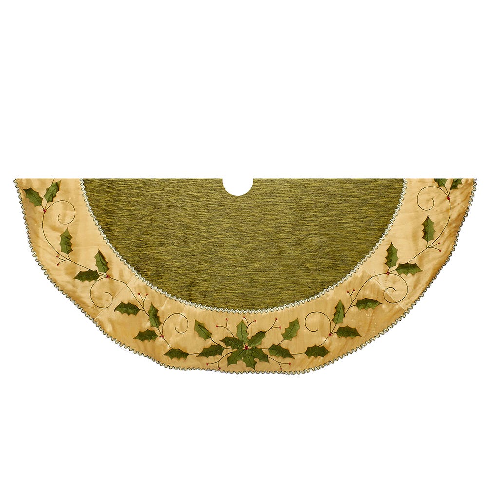 54" Green and Gold With Holly Leaves Embroidered Tree Skirt