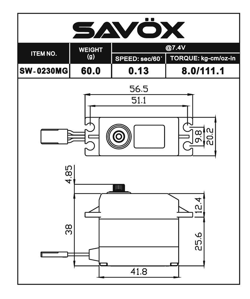 Savox SW0230MGP Plus Waterproof HV Standard Servo - Compact All-Weather