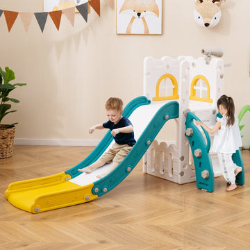 6-in-1 Toddler Slide L-shaped Playground with Basketball Hoop and Ladder