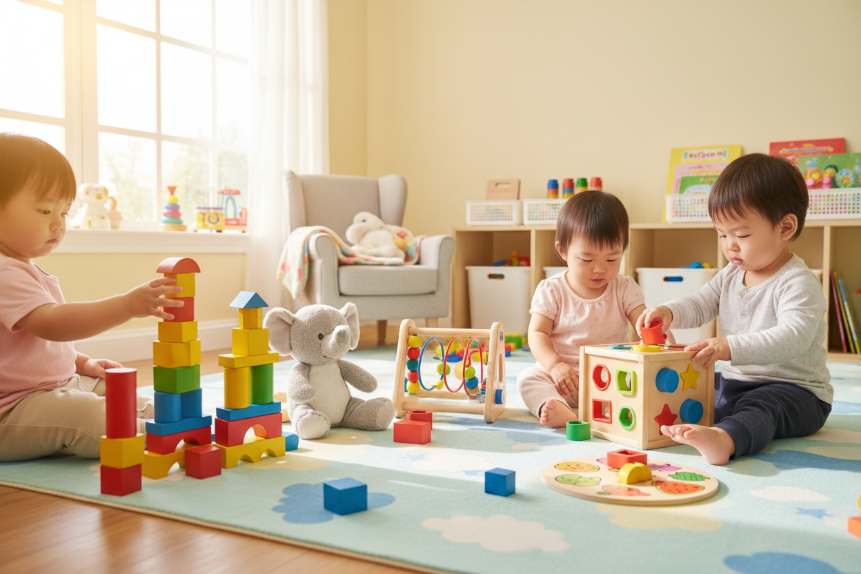 Three toddlers sitting on a playroom floor, playing with colorful wooden toys and blocks near a large window with sunlight streaming in.