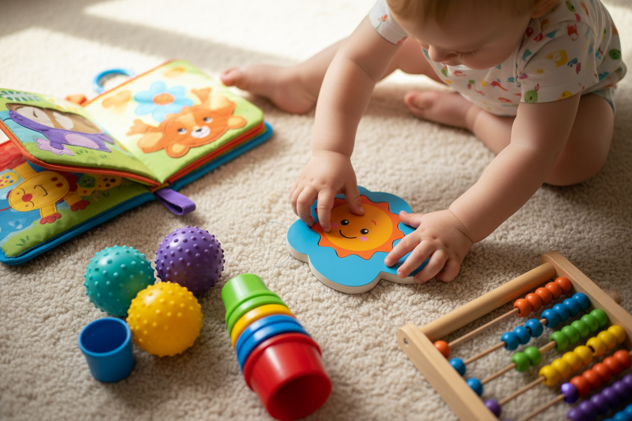 Toddler playing with colorful educational toys on carpet.