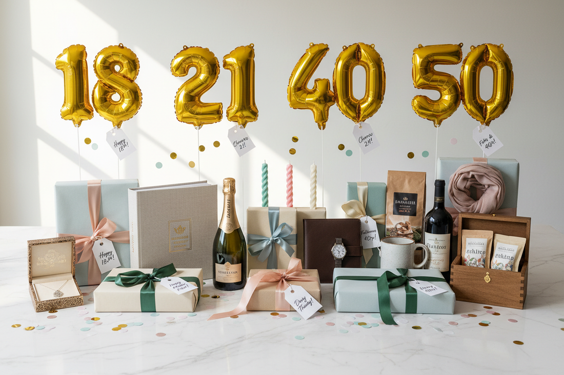 Milestone birthday gift set with gold number balloons, wrapped presents, wine, and candles