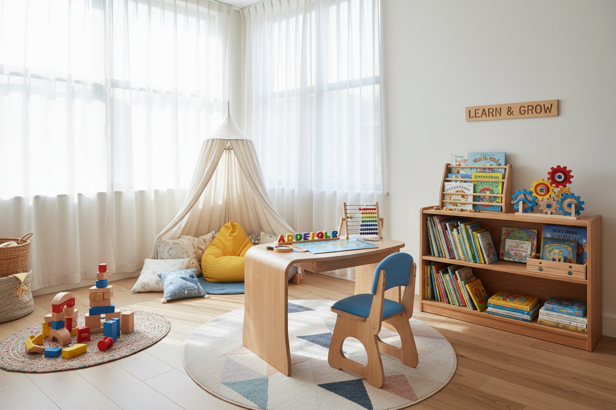 A bright children's learning area with a curved wooden desk and chair, a floor-level bookshelf, a play tent, a yellow beanbag, a rug, and wooden educational toys.