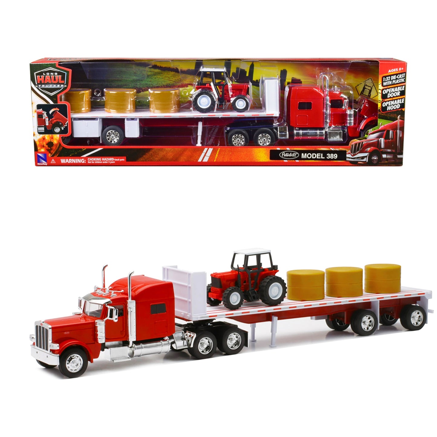 NewRay Peterbilt 389 Playset with Hay & Farm Tractor, 1/32 Scale, Red, Model 10293A, Plastic