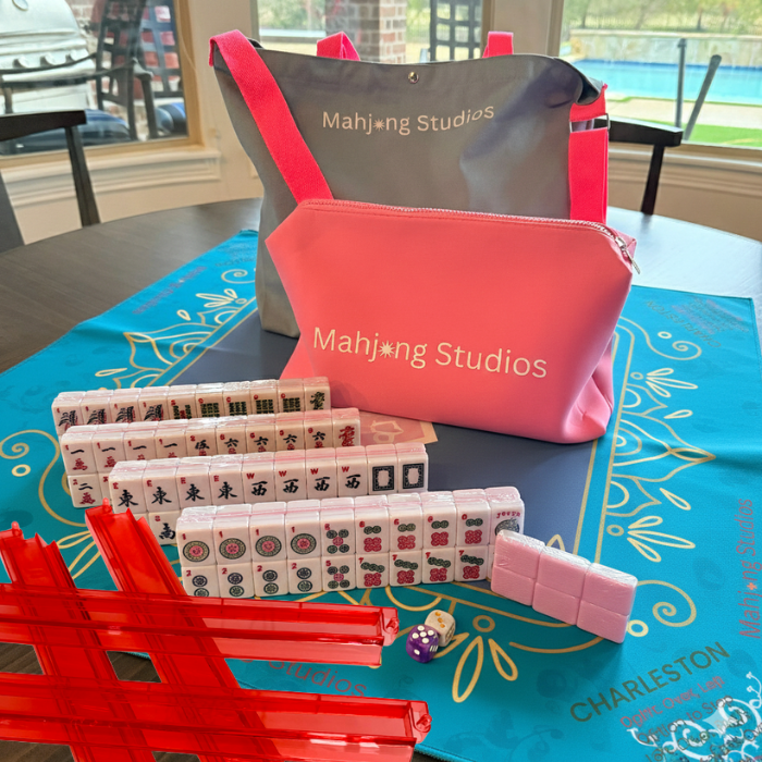 All In One - Mahjong Bundle - American Mahjong Set 166 2-Color Tiles - Blue & Pink Bag  Blue Mat