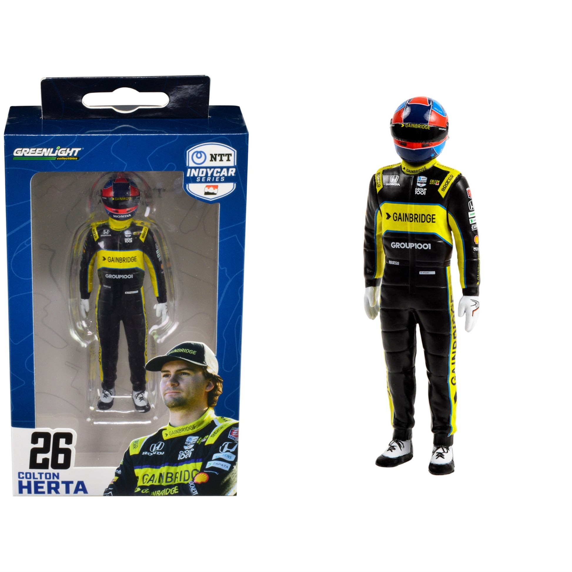 'Ntt Indycar Series'' #26 Colton Herta Driver Figure ''Gainbridge - Andretti Autosport'' For 1/18 Scale Models By Greenlight