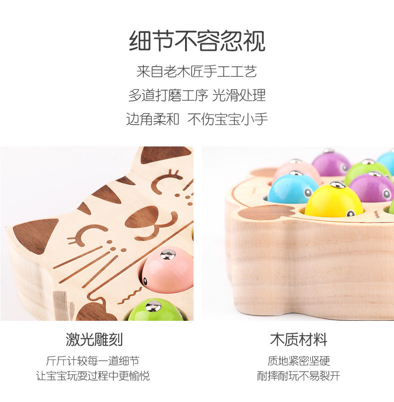 Wooden Ball Kidsren's Wooden Magnetic Kitten Fishing Game Pretend Play Magnetic Early Education Baby Toy Fishing Rod