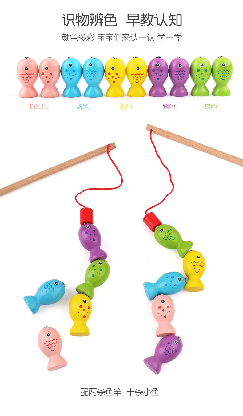 Wooden Ball Kidsren's Wooden Magnetic Kitten Fishing Game Pretend Play Magnetic Early Education Baby Toy Fishing Rod