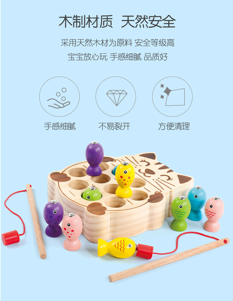 Wooden Ball Kidsren's Wooden Magnetic Kitten Fishing Game Pretend Play Magnetic Early Education Baby Toy Fishing Rod