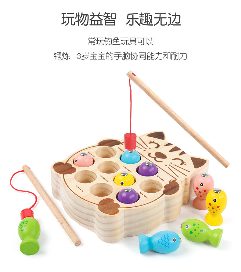 Wooden Ball Kidsren's Wooden Magnetic Kitten Fishing Game Pretend Play Magnetic Early Education Baby Toy Fishing Rod