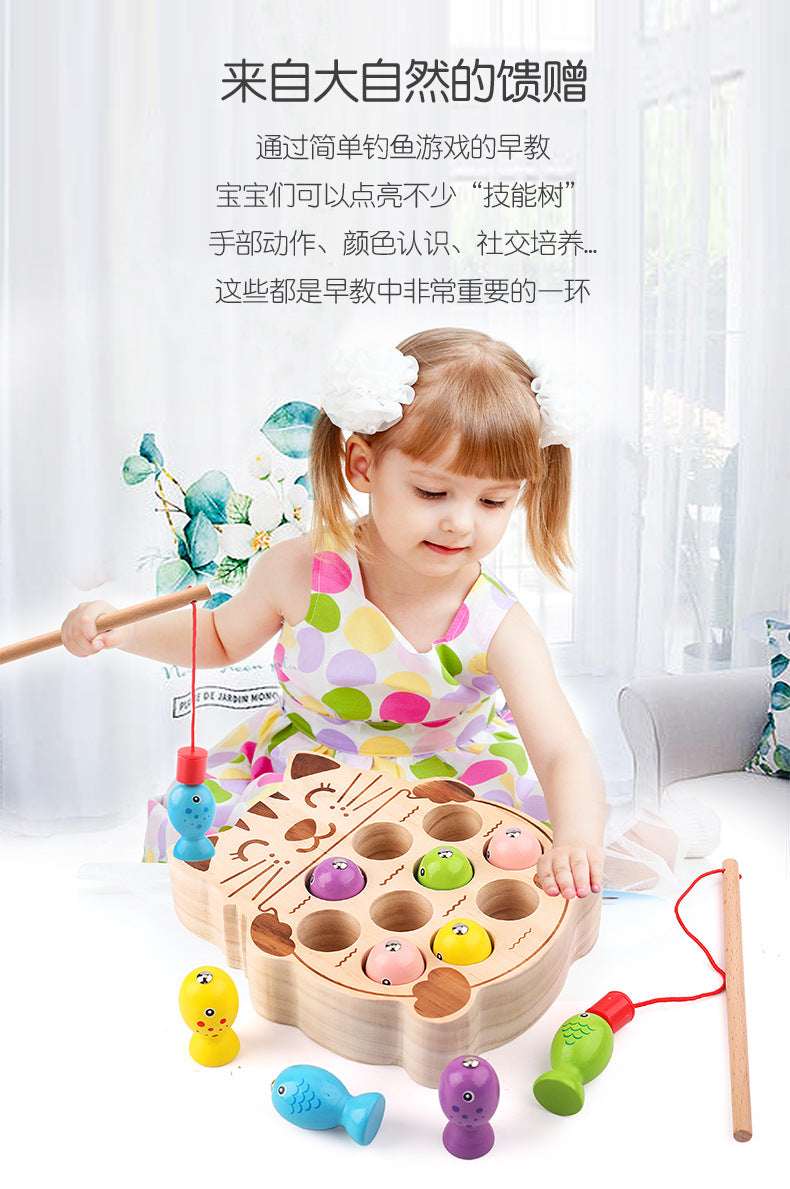 Wooden Ball Kidsren's Wooden Magnetic Kitten Fishing Game Pretend Play Magnetic Early Education Baby Toy Fishing Rod