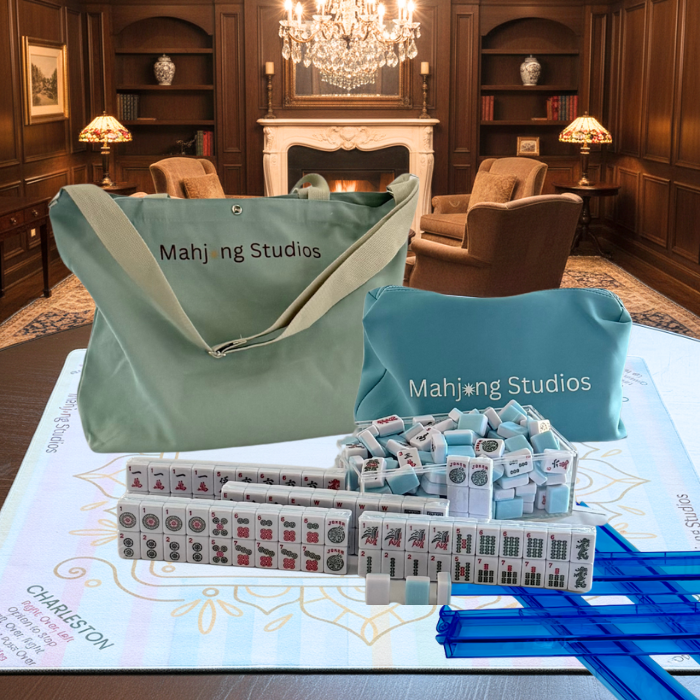 American Mahjong Set 166 Tiles Bundle - Green Bag Pastel Mat 2-color blue tiles