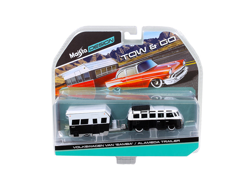 Volkswagen Van ''Samba'' With Alameda Trailer Black / White Tow & Go 1/64 Diecast Model By Maisto