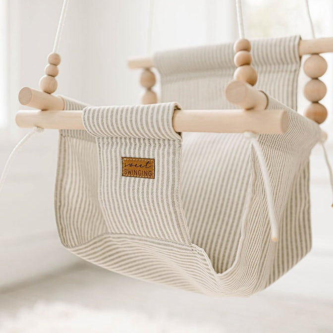 Indoor High Back Cotton Baby & Toddler Swing-Greige/Vanilla Stripe