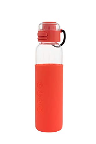 SOMA Glass Water Bottle with Silicone Sleeve, Sport Cap, 17-ounce, Coral