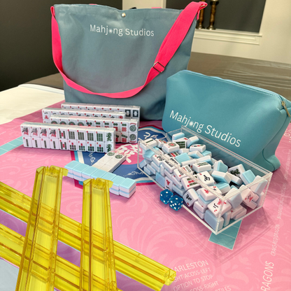 All In One - Mahjong Bundle - American Mahjong Set 166 2-Color Tiles - Blue & Pink Bag