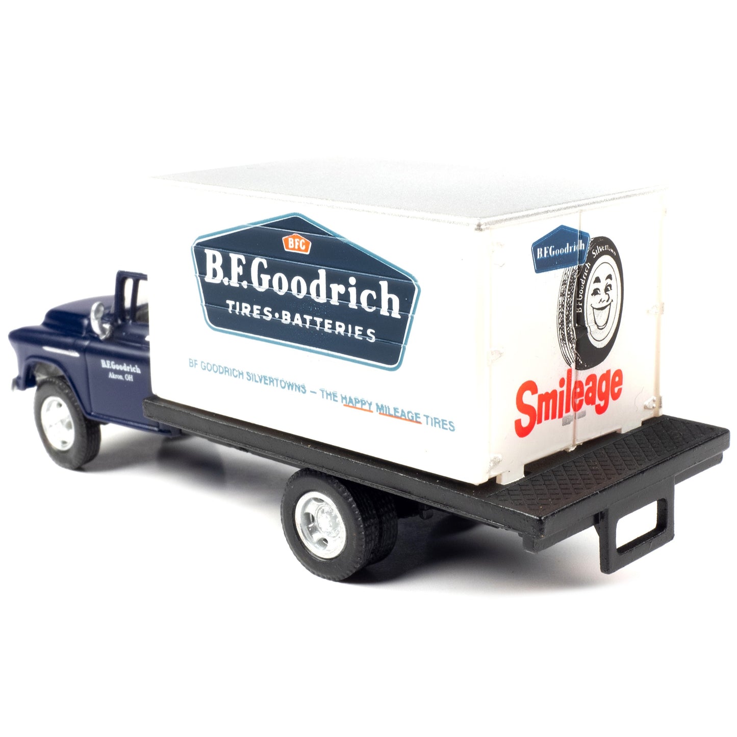 1957 Chevrolet Box Truck Dark Blue with White Top ''BFGoodrich'' 1/87 (HO) Scale Model by Classic Metal Works