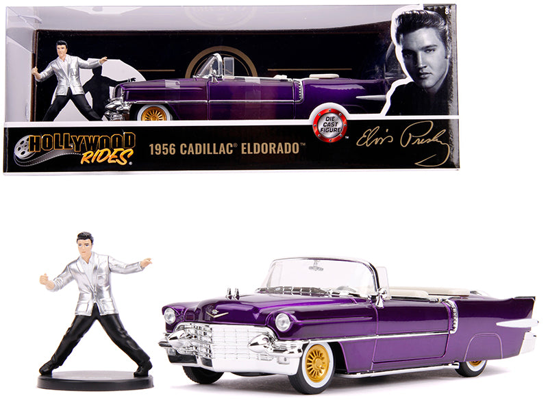 1956 Cadillac Eldorado Convertible Purple With Elvis Presley Diecast Figurine 1/24 Diecast Model Car By Jada