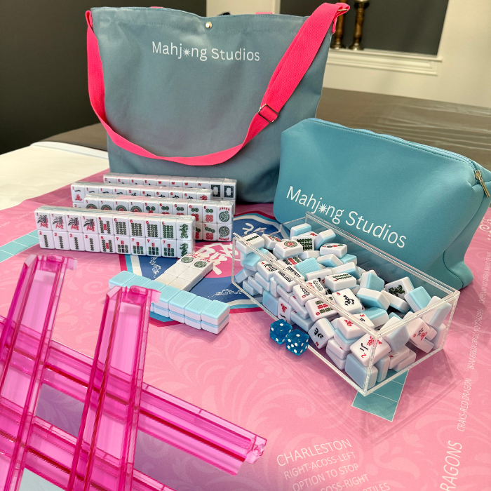 All In One - Mahjong Bundle - American Mahjong Set 166 2-Color Tiles - Blue & Pink Bag
