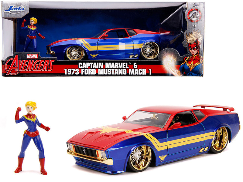 1973 Ford Mustang Mach 1 With Captain Marvel Diecast Figurine ''Avengers'' ''Marvel'' Series 1/24 Diecast Model Car By Jada