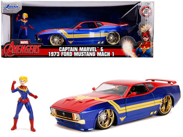 1973 Ford Mustang Mach 1 With Captain Marvel Diecast Figurine ''Avengers'' ''Marvel'' Series 1/24 Diecast Model Car By Jada