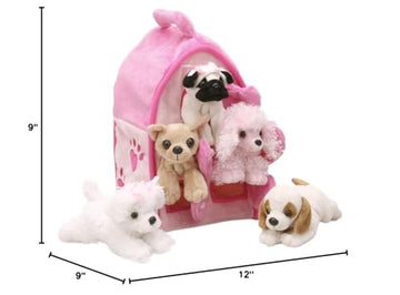 Plush Pink Dog House With Dogs - Five (5) Stuffed Animal Dogs In Pink Play Dog House Case
