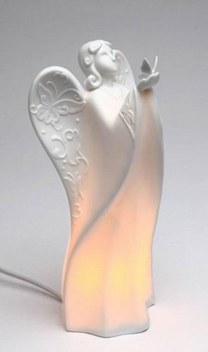 Festive''Angel Holding Butterfly'' White Porcelain Plug-In Night Light