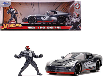 2008 Dodge Viper Srt10 Dark Gray With Venom Diecast Figurine ''Spider-Man'' ''Marvel'' Series 1/24 Diecast Model Car By Jada