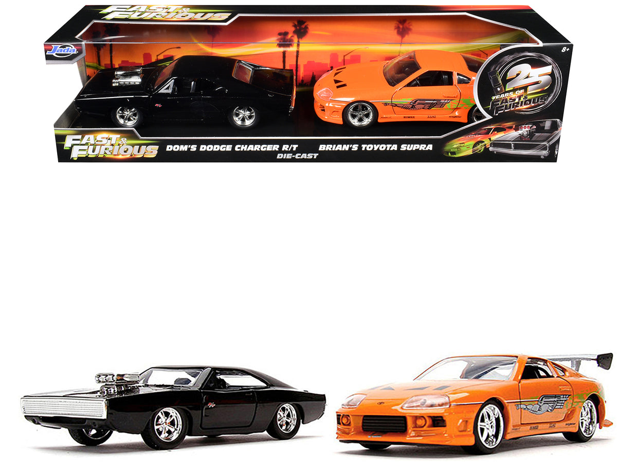 Doms Dodge Charger R/T Black and Brians Toyota Supra Orange Set of 2 pieces inch25 Years of Fast & Furiousinch Series 1/32 Diecast Model Cars by Jada