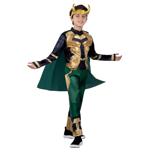 Marvel Loki Official Youth Halloween Costume - Padded Jumpsuit With Detachable Cape And Plastic Headpiece (S) Multi