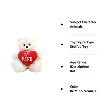 Plushland Stuffed Mocha Heart Bear - Plush Bear Toy For Kids & Adults - Embroidered Heart Pillow - Brown-6 Inches (Be Mine-Cream 9'')