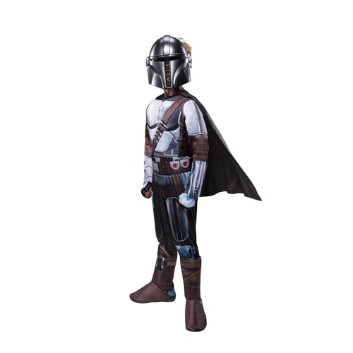 Star Wars The Mandalorian Official Youth Halloween Costume - Padded Jumpsuit With Gloves, Detachable Cape, Plastic Mask (M) Mult