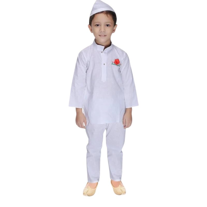 AMBIKA STORES & READYMADES Kids Jawaharlal Nehru Fancy Dress Costume  White Kurta Pajama with Nehru Cap and Rose Look (4 to 5 Y