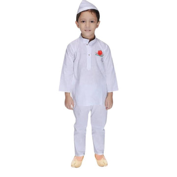 AMBIKA STORES & READYMADES Kids Jawaharlal Nehru Fancy Dress Costume  White Kurta Pajama with Nehru Cap and Rose Look (4 to 5 Y
