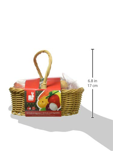 Janod Wooden Play Food Set - 25 Piece Fruit and Vegetable Basket - Ages 3+ - Model J05620 - Multiple Colors - Cherry Wood & Plastic