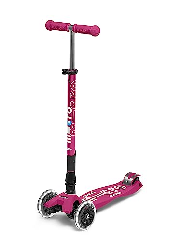 Micro Kickboard - Maxi Deluxe Foldable Led - Three Wheeled, Lean-To-Steer, Fold-To-Carry Swiss-Designed Micro Scooter For Kids With Motion-Activated Light-Up Wheels For Ages 5-12 (Berry Red)