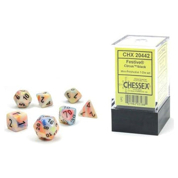 Chessex Dice Set - 10mm Festive Circus/Black Plastic Polyhedral Dice Set - Dungeons and Dragons D&D DND TTRPG Dice - Includes 7