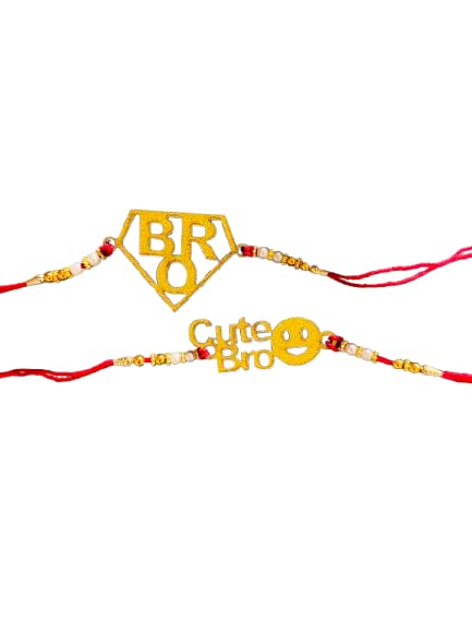 Bro and Cute Bro Rakhi Set, Golden Beaded Red Thread