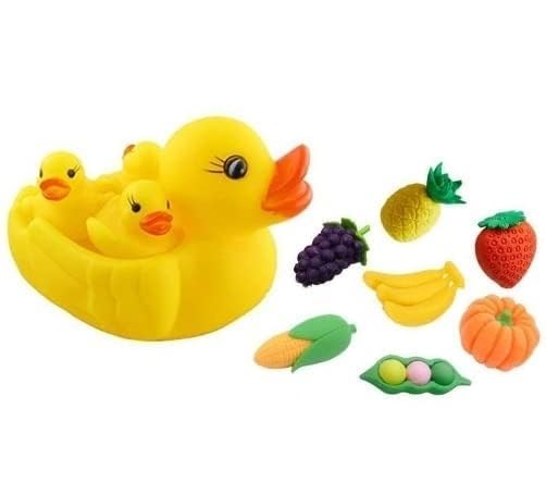 YOOKO 1Pcs Chu Chu Sound Bathtub Toys for Toddler Kids (4 PC Duck Family)(Rubber)(Yellow) and 4Pcs Eraser Bottle Fruit Style