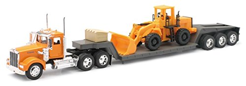 Kenworth W900 Truck With Lowboy Trailer Orange And Wheel Loader Yellow ''Long Haul Trucker'' Series 1/32 Diecast Model By New Ra