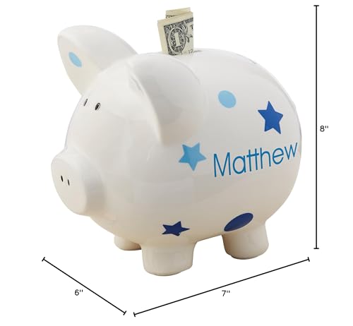 Personalization Universe Ceramic Piggy Bank For Kids, Baby Boy Polka Dots & Stars Design, Customizable With Any Name, Perfect Mo