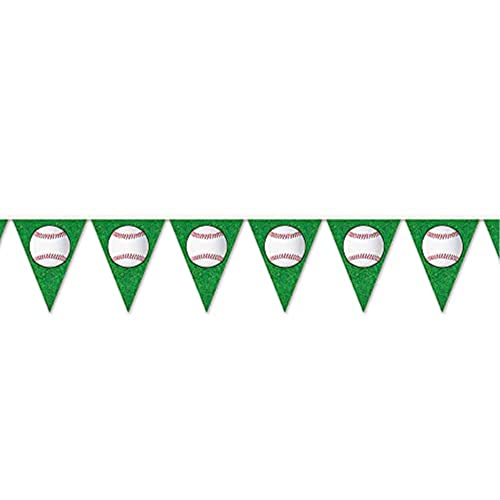 Beistle 53661 Baseball Triangular Party Pennant Banner, Green, 11'' X 144''