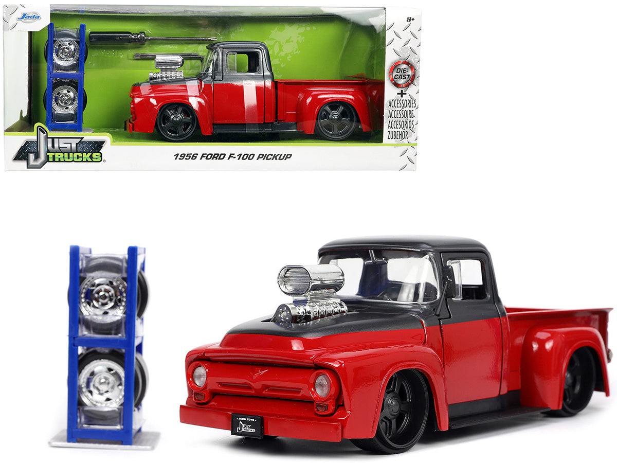 1956 Ford F-100 Pickup Truck Red And Dark Gray Metallic With Extra Wheels ''Just Trucks'' Series 1/24 Diecast Model Car By Jada
