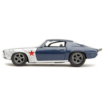 1973 Chevrolet Camaro Dark Blue Metallic With Gray Stripes And Winter Soldier Diecast Figure ''Marvel Avengers'' ''Hollywood Rid